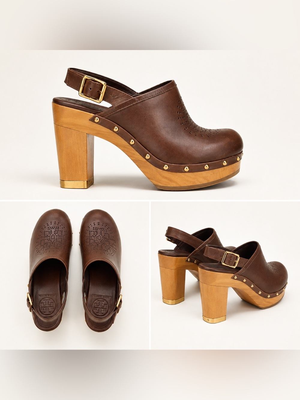Tory Burch Brown Leather Wood-Platform Clogs with Gold Studs